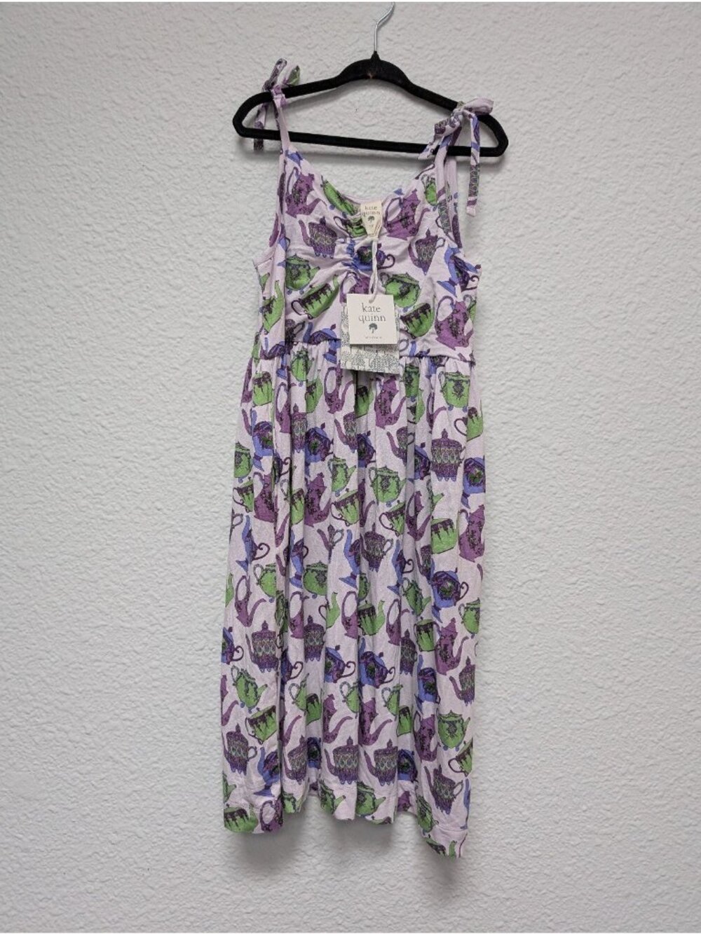 Kate Quinn Bamboo Purple Teapots Dress Tie Strap 7Y Alice in wonderland